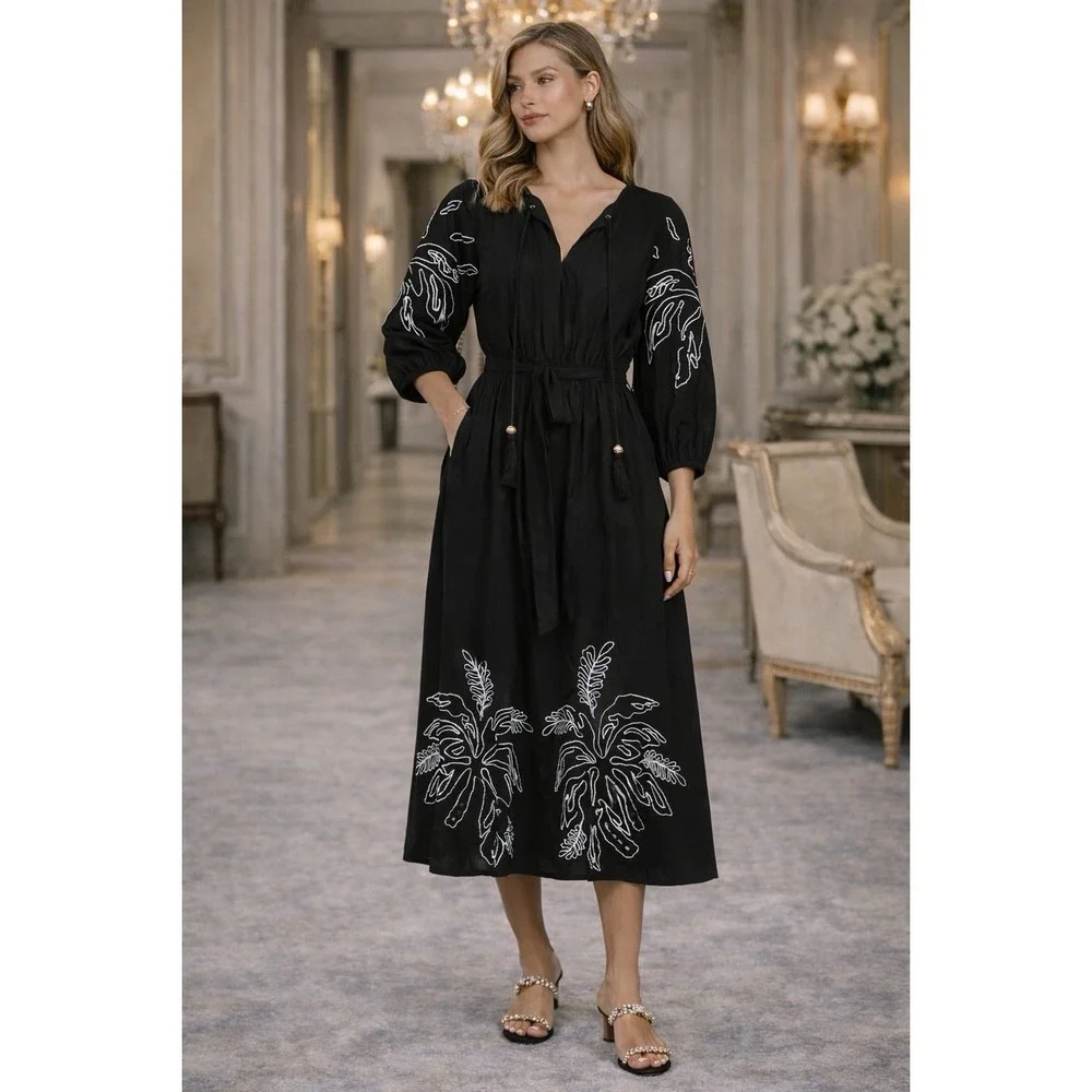 LEA NWOT Midi Dress LARGE Black LINEN Blend Floral Embroidered Tie Belt‎ Tassels